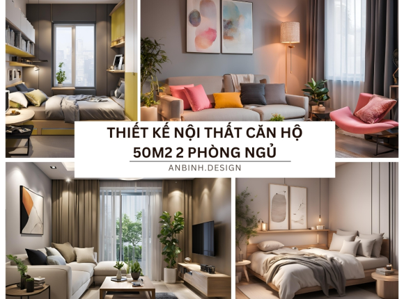 Thiết kế nội thất căn hộ 50m2 2 phòng ngủ