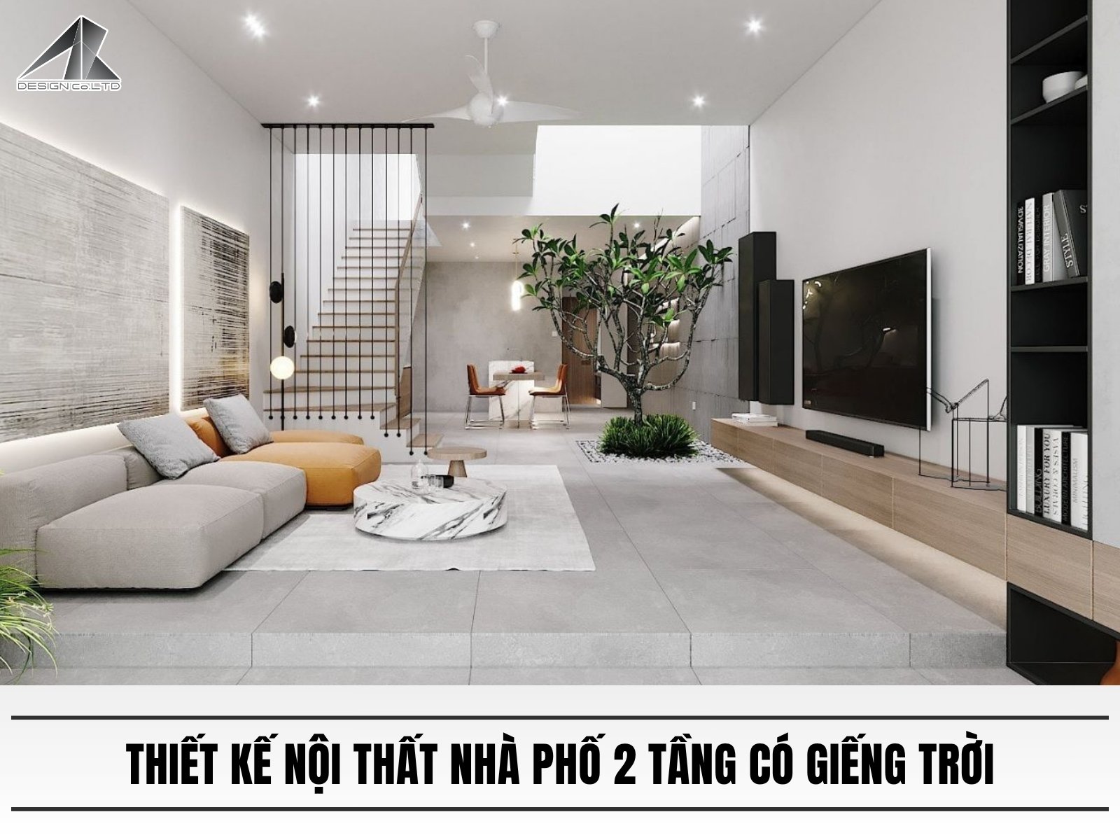 Thiet ke noi that nha pho 2 tang co gieng troi