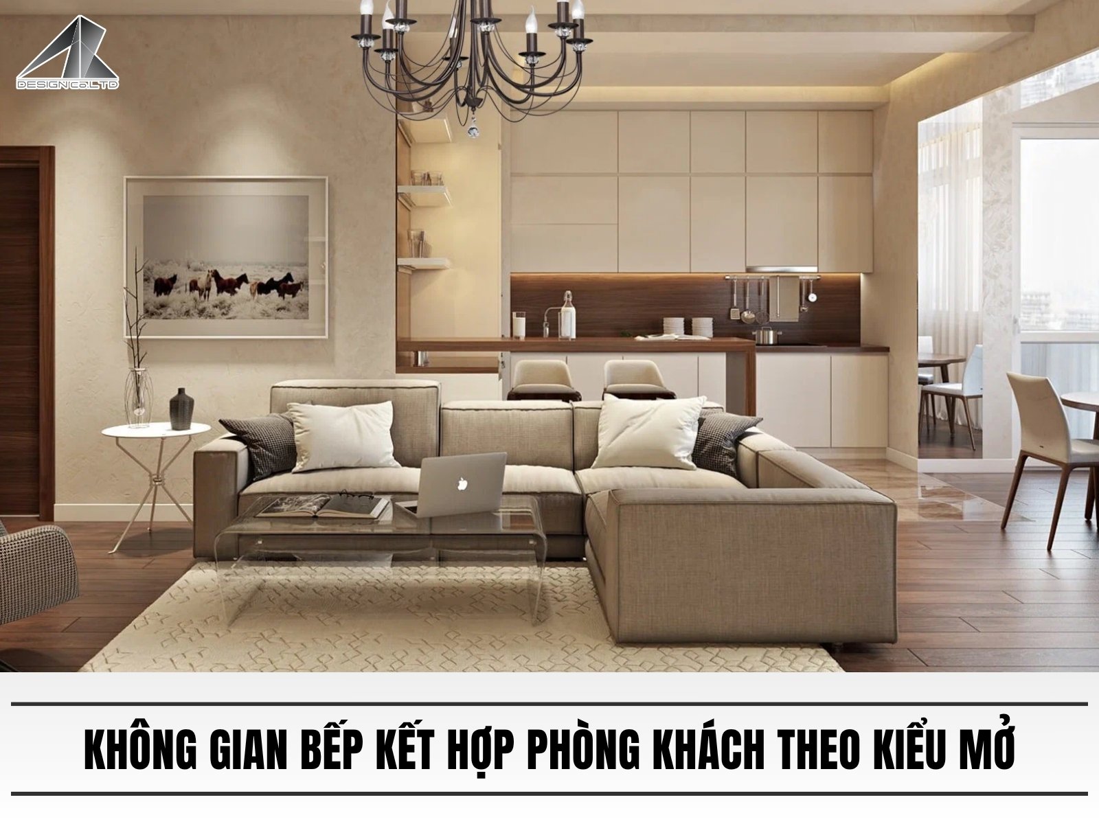Không gian bếp kết hợp phòng khách theo kiểu mở hiện đại