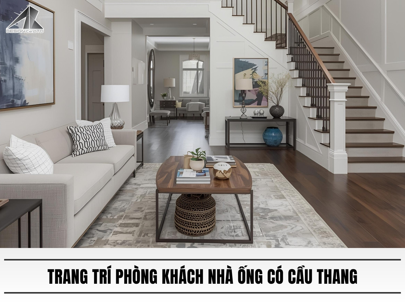 Trang tri phong khach nha ong co cau thang