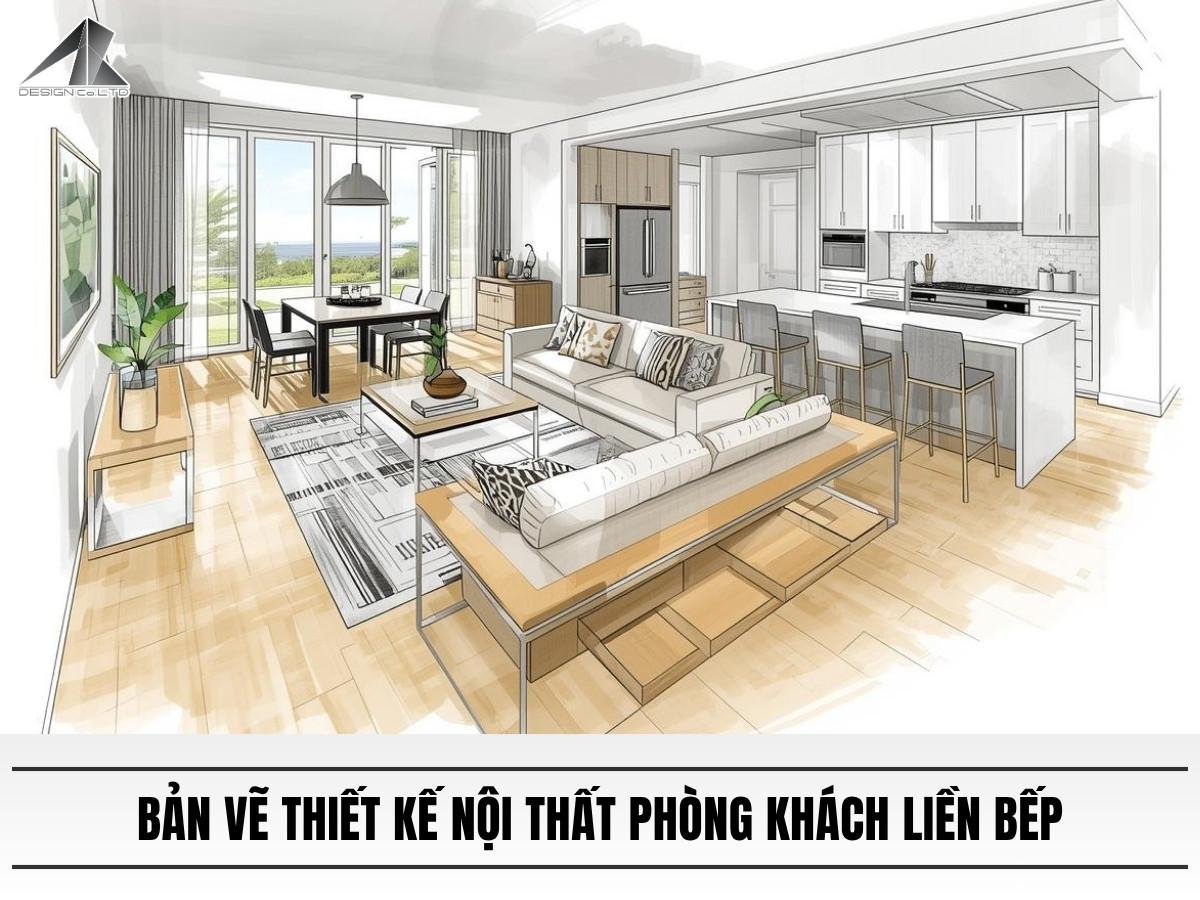bản vẽ thiết kế nội thất phòng khách​ liền bếp