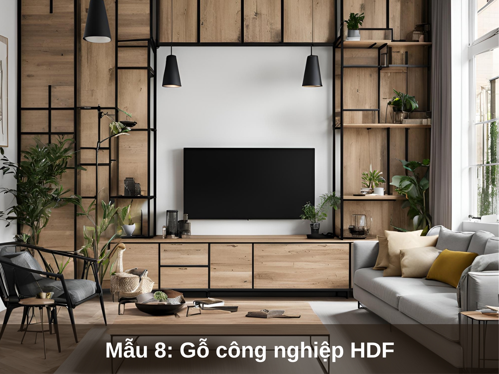 Mau 8 Noi that phong khach voi go cong nghiep HDF