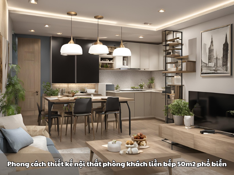 phong cach thiet ke noi that phong khach lien bep 50m2 pho bien nhat